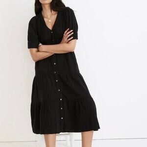 Madewell Lightspun Gauze Button Front Tiered Midi Dress True Black Size 6 NWT